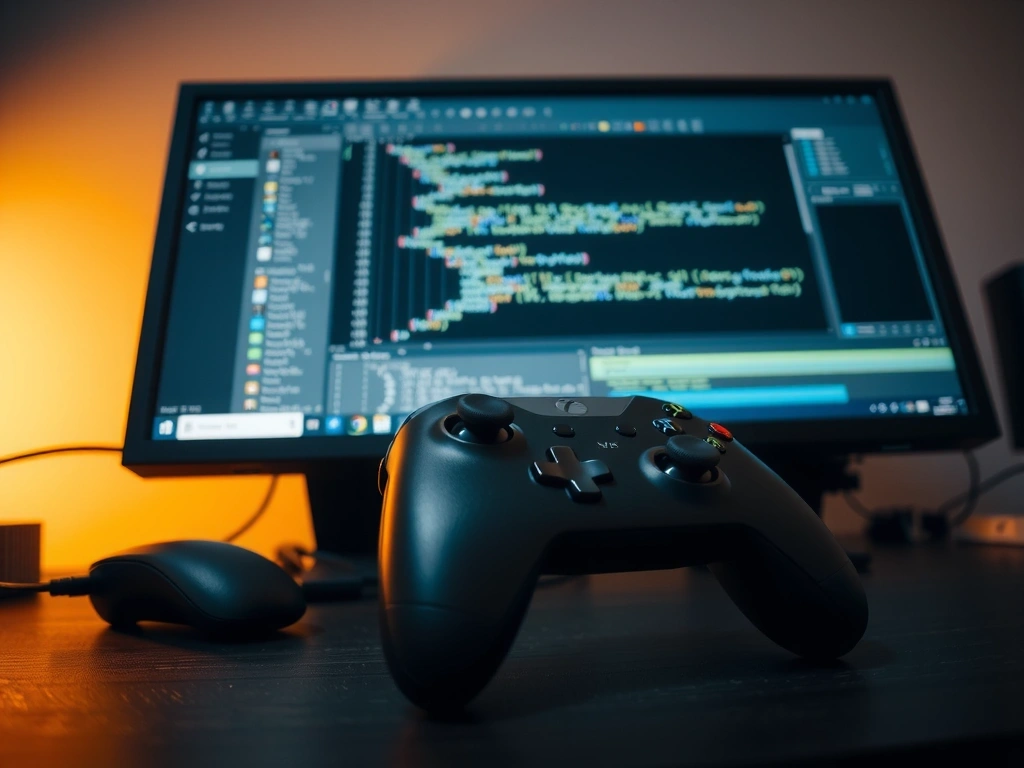 Controller on desk with UI wireframes